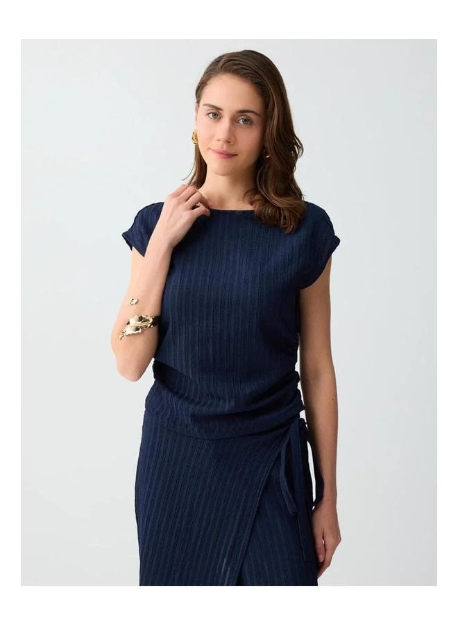 Jimmy Key Dark Blue Striped Boat Neck Sleeveless Knit Blouse.