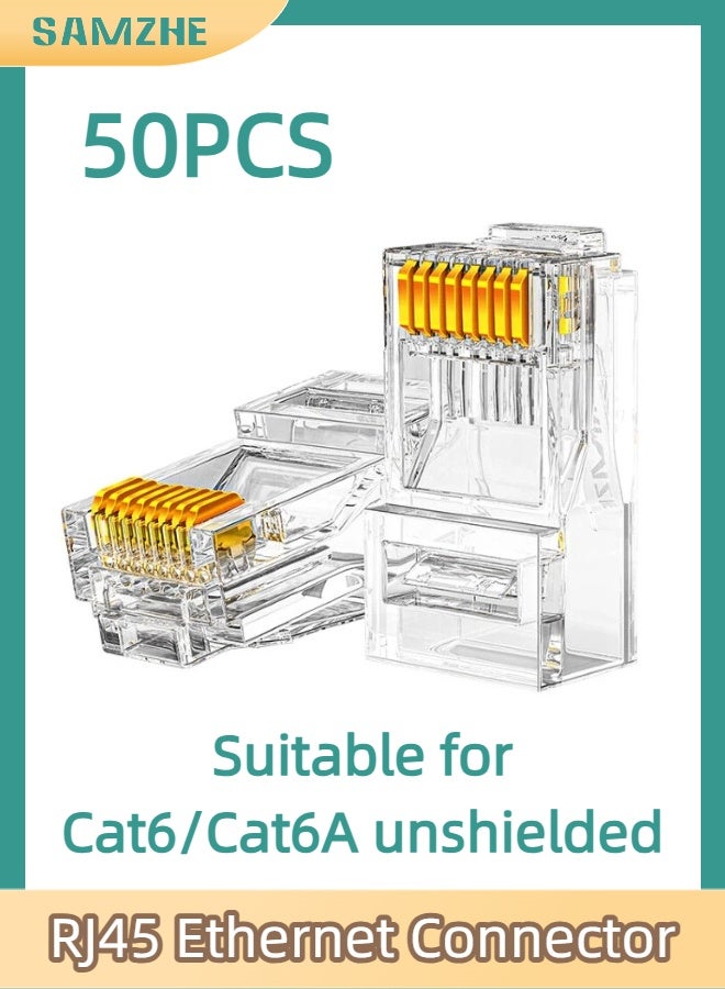 SAMZHE WL-6050 عبوة 50 قطعة موصلات كريستال شبكة RJ45 متوافقة مع Cat6 و Cat6A، أطراف توصيل ثلاثية الشفرات مطلية بالذهب، مزلاج عالي الصلابة مقاوم للكسر، يتحمل عمليات التوصيل والفصل المتكرر لضمان توصيل شبكة مستقر - Image 1