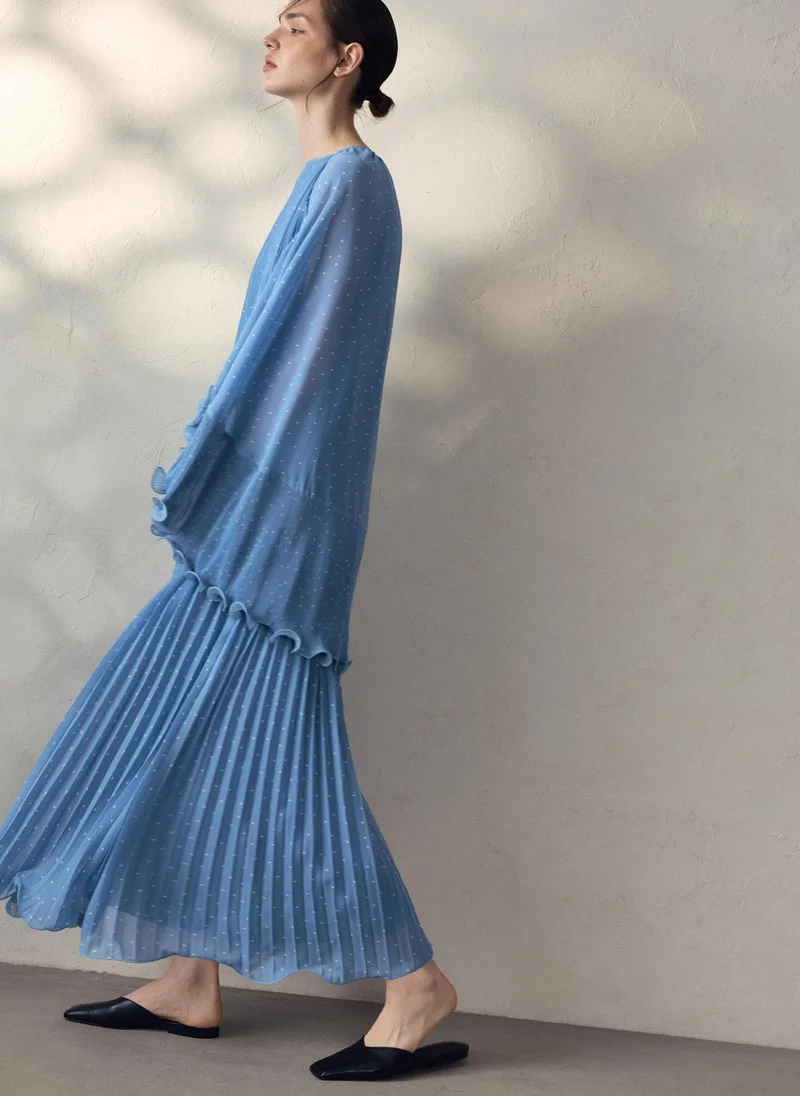 Lichi  Polka dot chiffon maxi dress with voluminous cape for Women | Best Price UAE