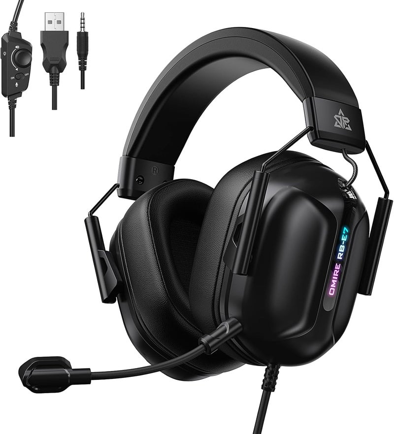 OMIRE RB-E7 Wired Gaming Headset for PC Computer Headset with Noise Canceling Microphone,50MM Dynamic Drivers, Wired Headphones for PS5, PS4, PC, Mac, Switch, Xbox Serie,3.5mm Jack, Pure Black - Image 1