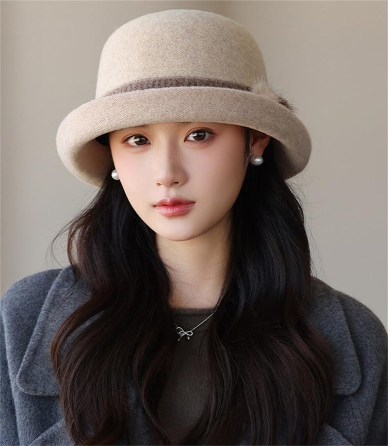 Pocadri Vintage Felt Bucket Hat for Women Elegant Fedora Cloche Cap Warm Slouchy Solid Bowler Hat Fall Winter - Image 4