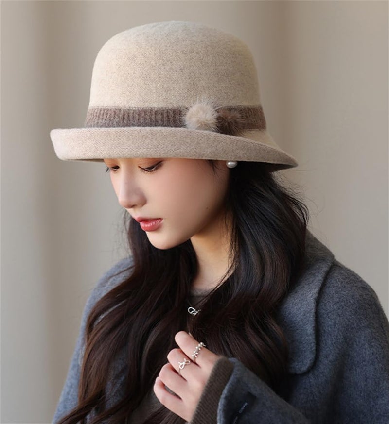Pocadri Vintage Felt Bucket Hat for Women Elegant Fedora Cloche Cap Warm Slouchy Solid Bowler Hat Fall Winter - Image 3