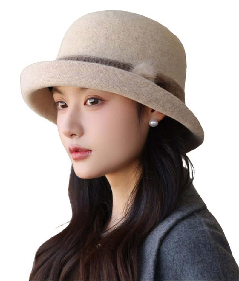 Pocadri Vintage Felt Bucket Hat for Women Elegant Fedora Cloche Cap Warm Slouchy Solid Bowler Hat Fall Winter - Image 1