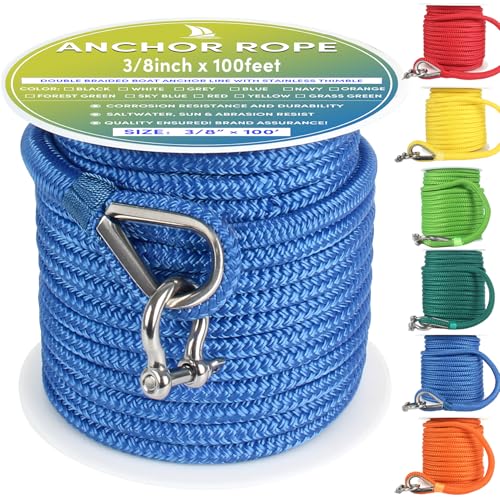 VEITHI Boat Anchor Rope 100 ft x 3/8 inch Sky Blue, Double Braided Anchor Line with Stainless Steel Thimble & Shackle, Marine Rope Ideal for Towing,Mooring,Decks,Anchoring,for Boats Up to 27' - Image 1