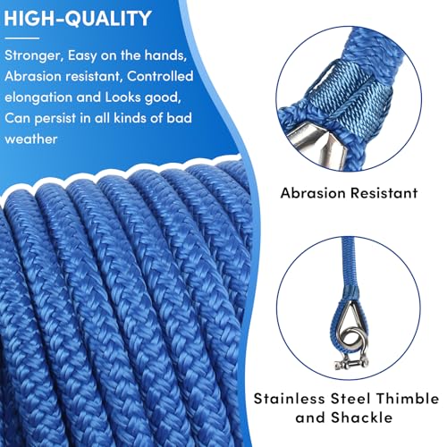 VEITHI Boat Anchor Rope 100 ft x 3/8 inch Sky Blue, Double Braided Anchor Line with Stainless Steel Thimble & Shackle, Marine Rope Ideal for Towing,Mooring,Decks,Anchoring,for Boats Up to 27' - Image 3