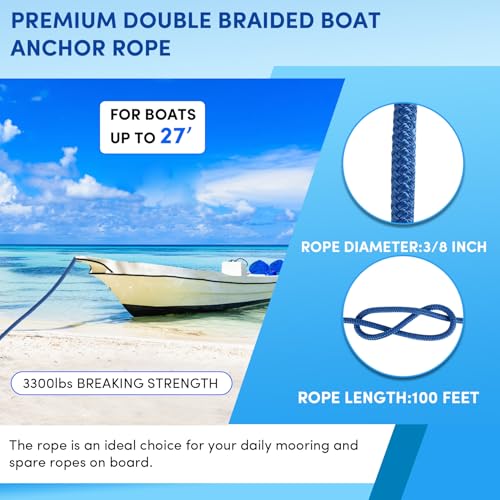VEITHI Boat Anchor Rope 100 ft x 3/8 inch Sky Blue, Double Braided Anchor Line with Stainless Steel Thimble & Shackle, Marine Rope Ideal for Towing,Mooring,Decks,Anchoring,for Boats Up to 27' - Image 2