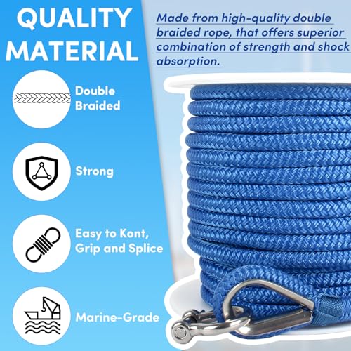 VEITHI Boat Anchor Rope 100 ft x 3/8 inch Sky Blue, Double Braided Anchor Line with Stainless Steel Thimble & Shackle, Marine Rope Ideal for Towing,Mooring,Decks,Anchoring,for Boats Up to 27' - Image 4