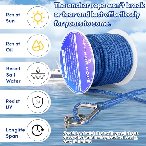VEITHI Boat Anchor Rope 100 ft x 3/8 inch Sky Blue, Double Braided Anchor Line with Stainless Steel Thimble & Shackle, Marine Rope Ideal for Towing,Mooring,Decks,Anchoring,for Boats Up to 27' - Image 5