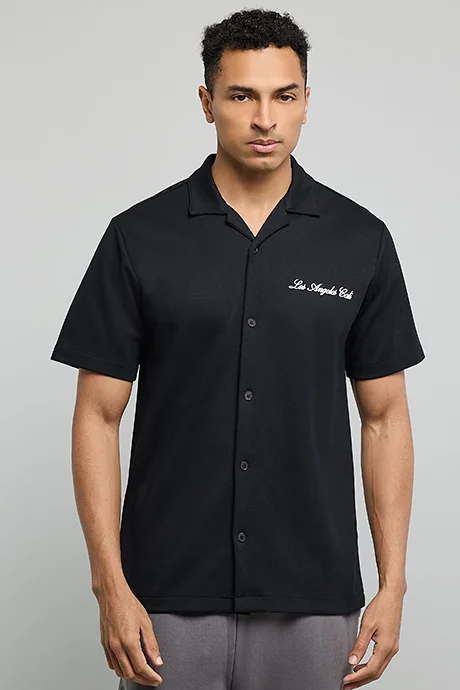 أر أند بي Embroidered Shirt with Reverse Collar and Short Sleeves
