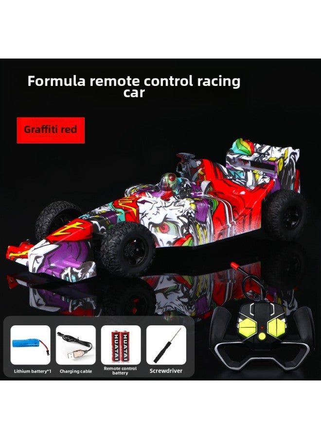 Remote Control Car Charging Wireless High-speed Remote Control Car Racing Car Drift Car Model Electric Children's Toy Car Boy-Colour:Graffiti Red Remote Control F1 Racing Car [rechargeable Model]-Proportion:Fun Model [1 Set Of 4 Times Battery Life Lithium Battery + 1 Original Battery  - Image 1