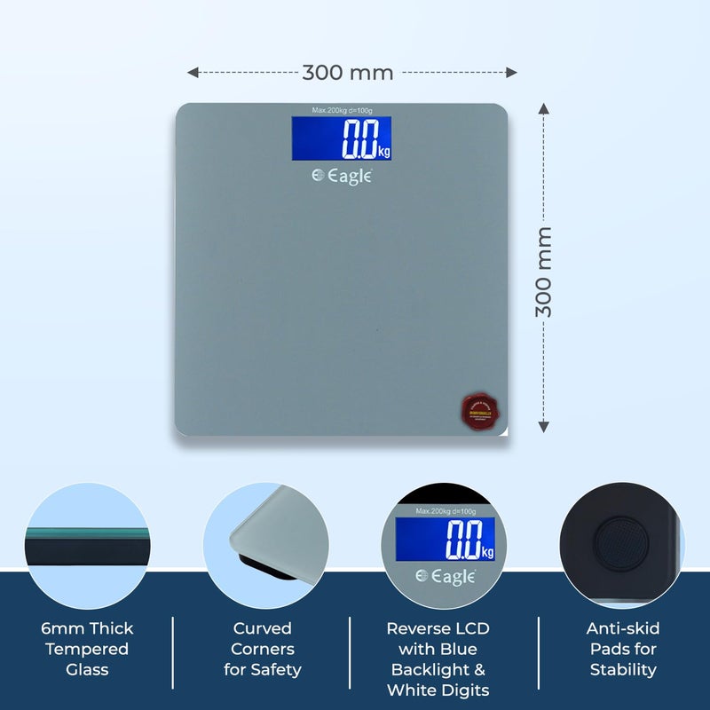 Eagle Digital Body Weighing Scale | 200 Kg Capacity, Personal Weight Machine with 6mm Tempered Glass | Body Weight Scale for Home, Gym, Fitness | LCD Display | 2-Year Warranty - EEP-1004A Grey - Image 2