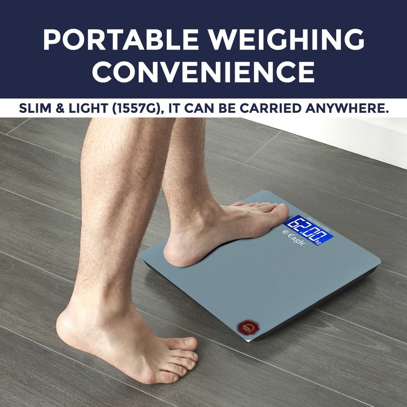 Eagle Digital Body Weighing Scale | 200 Kg Capacity, Personal Weight Machine with 6mm Tempered Glass | Body Weight Scale for Home, Gym, Fitness | LCD Display | 2-Year Warranty - EEP-1004A Grey - Image 4
