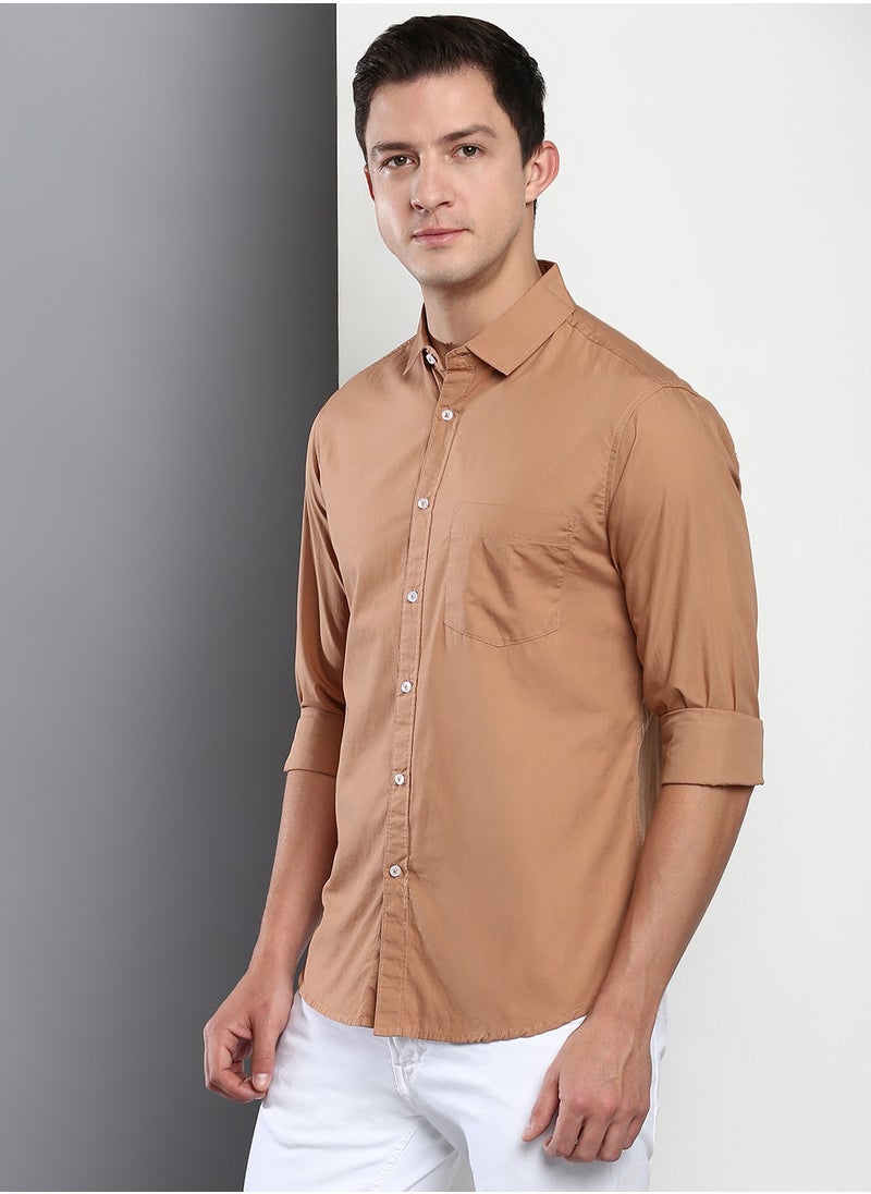 Dennis Lingo - Men's Slim Fit Camel Brown Casual Cotton Spread Shirt - Image 1