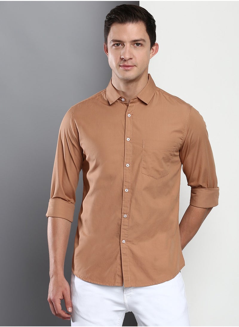 Dennis Lingo - Men's Slim Fit Camel Brown Casual Cotton Spread Shirt - Image 1
