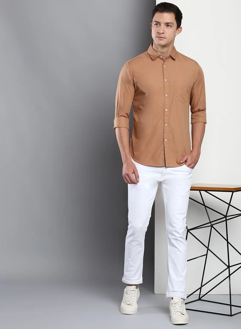 Dennis Lingo Men's Slim Fit Camel Brown Casual Cotton Spread Shirt
