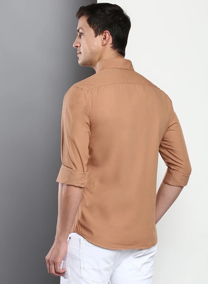 Dennis Lingo Men's Slim Fit Camel Brown Casual Cotton Spread Shirt