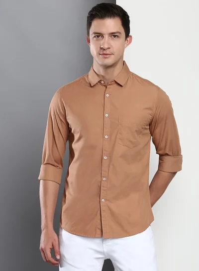 Dennis Lingo Men's Slim Fit Camel Brown Casual Cotton Spread Shirt