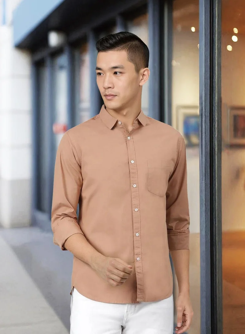 Dennis Lingo Men's Slim Fit Camel Brown Casual Cotton Spread Shirt