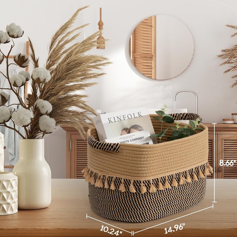 TeoKJ Set of 3 Baskets for Organizing, Decorative Rope Baskets for Storage, Storage for Pets, books, Pillows, Toys & Cloths, Black & Jute - Image 2