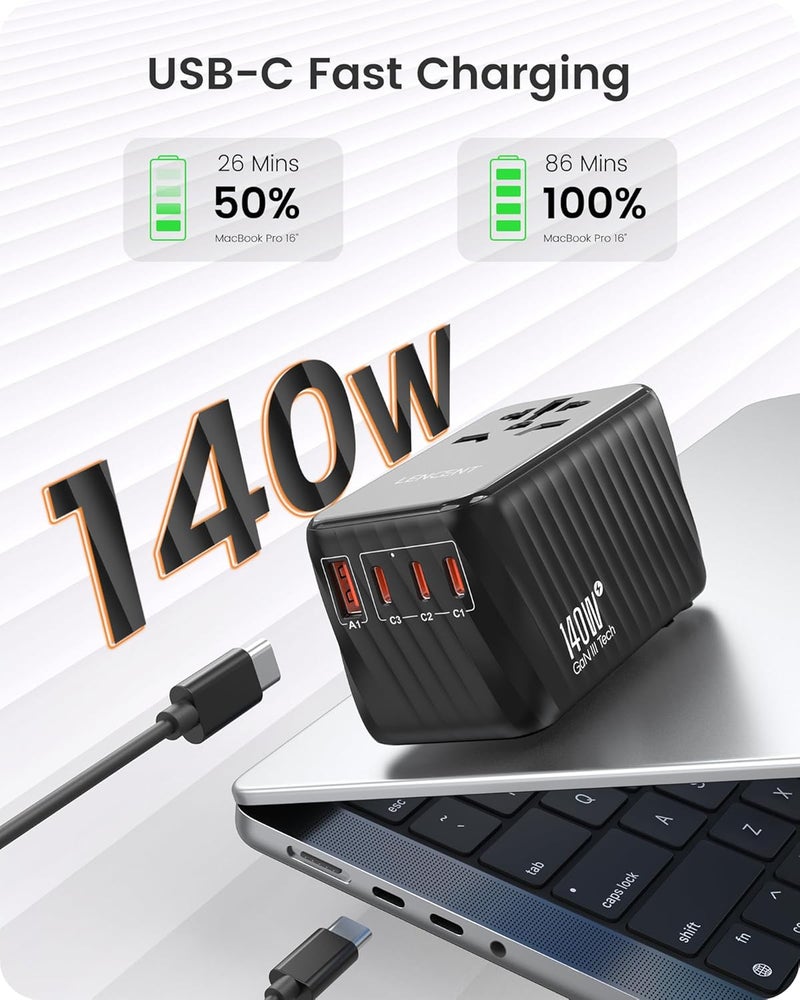 Lencent 140W Universal Travel Adapter, International Plug Adaptor, GaN Fast Charger with 3 PD3.1 Type C+1 QC USB A, All in One Travel Essentials, Worldwide Outlet Converter for USA/UK/EU/AU, Black - Image 2