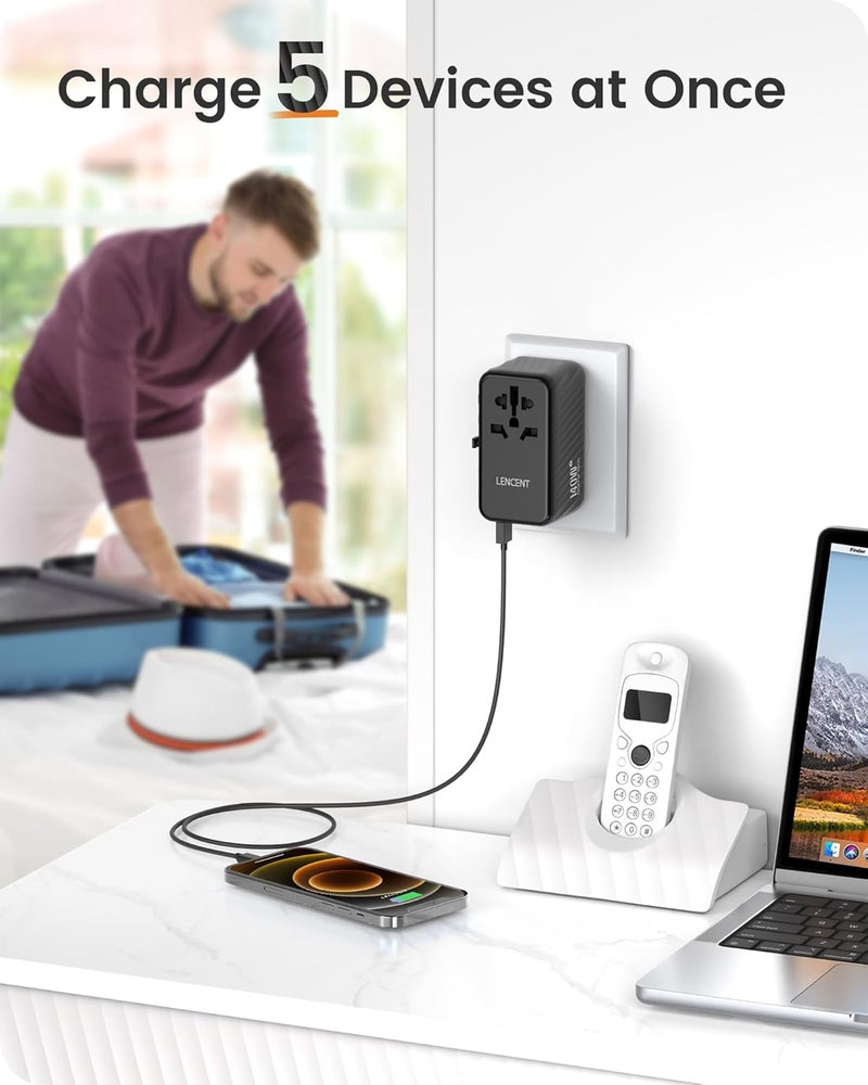 Lencent 140W Universal Travel Adapter, International Plug Adaptor, GaN Fast Charger with 3 PD3.1 Type C+1 QC USB A, All in One Travel Essentials, Worldwide Outlet Converter for USA/UK/EU/AU, Black - Image 5