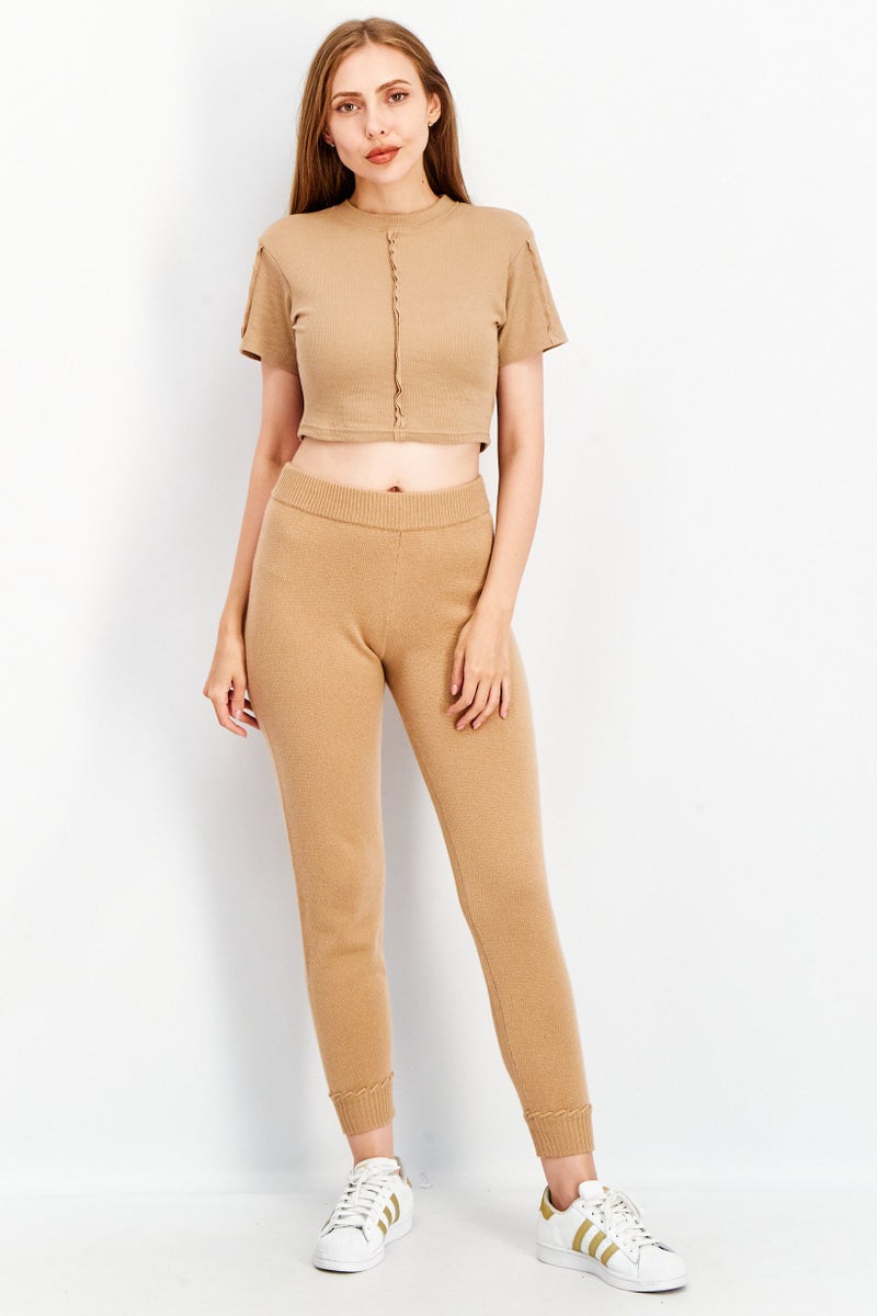 Theory Women Petite Regular Fit Kitted Jogger Pants, Camel  - Image 3