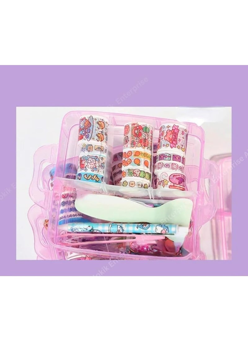 Invite Enterprise Invite Enterprise Washi Tape Set 100 Pcs Designer Decorative Gift Packing Tape Masking Tapes With 20 Pcs Kawaii StickersTweezerPen And Spatula In 3 Layer BoxTapes For Art Craft Purple Color Box  - Image 2