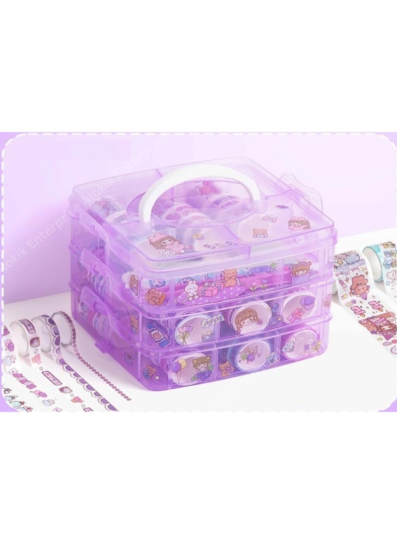 Invite Enterprise Invite Enterprise Washi Tape Set 100 Pcs Designer Decorative Gift Packing Tape Masking Tapes With 20 Pcs Kawaii StickersTweezerPen And Spatula In 3 Layer BoxTapes For Art Craft Purple Color Box  - Image 1