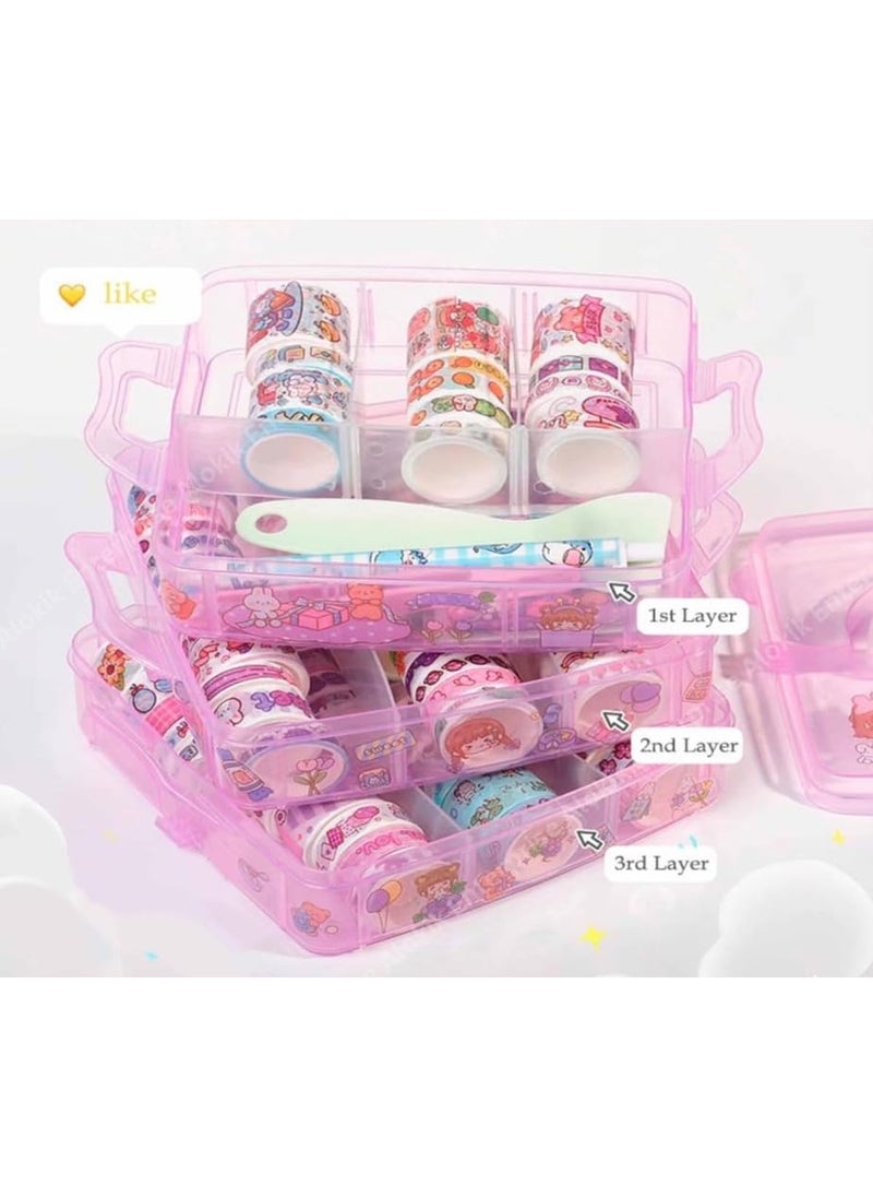 Invite Enterprise Invite Enterprise Washi Tape Set 100 Pcs Designer Decorative Gift Packing Tape Masking Tapes With 20 Pcs Kawaii StickersTweezerPen And Spatula In 3 Layer BoxTapes For Art Craft Purple Color Box  - Image 3