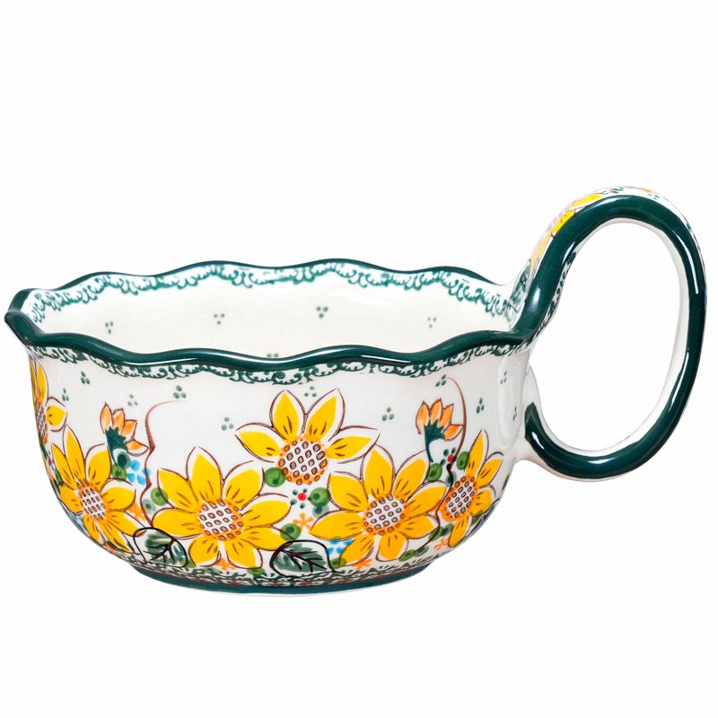 silesia Handmade Ceramic Soup Bowl 30 oz Hand Painted Bowl with Loop Handle Floral Design Cereal Bowl for Soup Ice cream Snack Microwave Dishwasher Safe Sunflower - Image 2