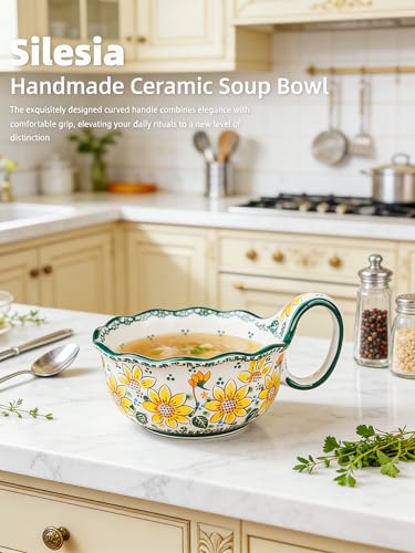 silesia Handmade Ceramic Soup Bowl 30 oz Hand Painted Bowl with Loop Handle Floral Design Cereal Bowl for Soup Ice cream Snack Microwave Dishwasher Safe Sunflower - Image 3