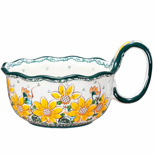 silesia Handmade Ceramic Soup Bowl 30 oz Hand Painted Bowl with Loop Handle Floral Design Cereal Bowl for Soup Ice cream Snack Microwave Dishwasher Safe Sunflower - Image 1