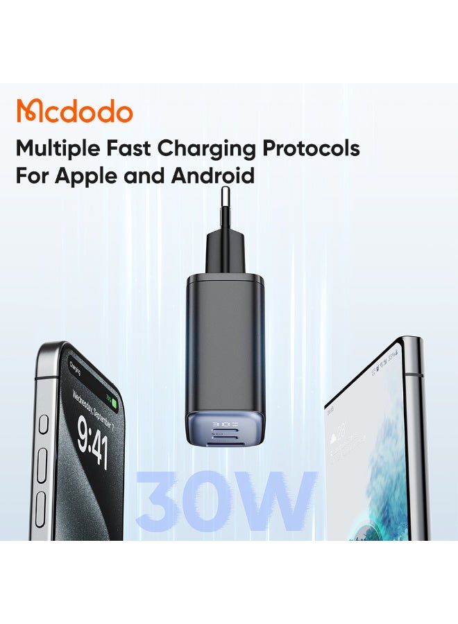مكدودو شاحن ماكدودو سريع 30 واط بشاشة رقمية – 3 منافذ (2 تايب سي + USB-A) بفيشة أوروبية | شحن سريع PD و QC 3.0 لجميع الأجهزة - Image 2