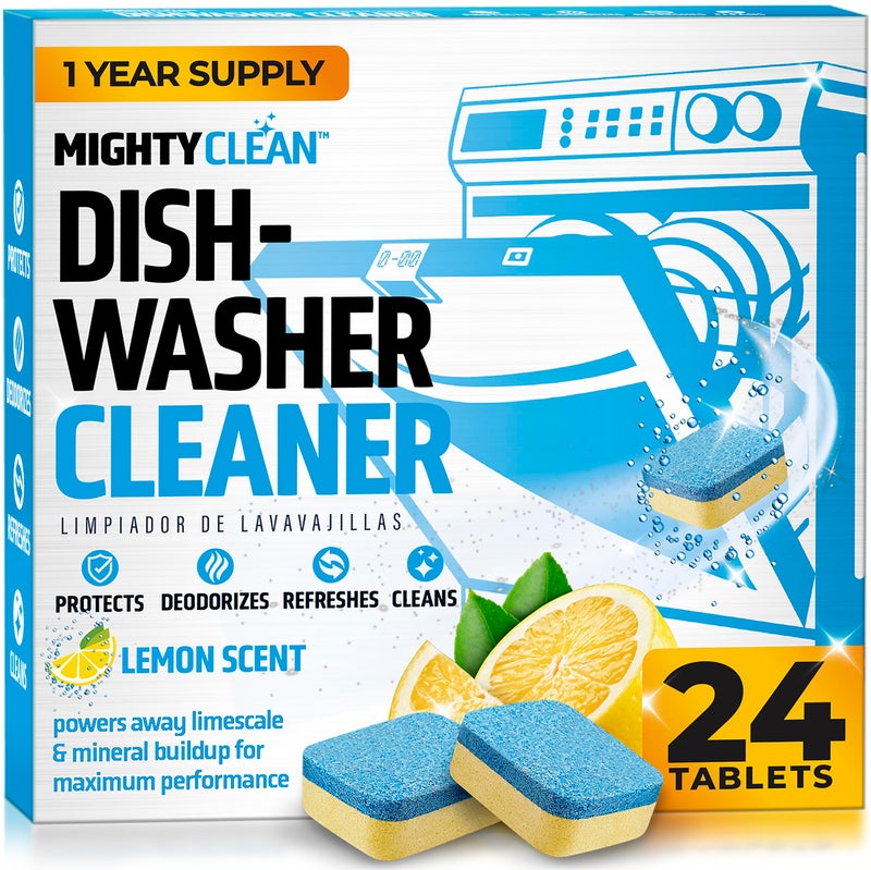 Mighty Clean منظف ومزيل روائح غسالة الصحون 24 عبوة - إمداد لمدة عام من أقراص تنظيف غسالة الصحون العميق، آمنة على الصرف، أقراص تنظيف غسالة الصحون لإزالة الترسبات، تراكم المعادن، والروائح - Image 1