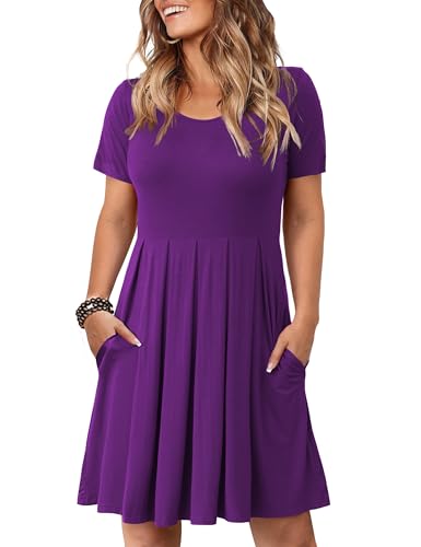 Tralilbee Women's Round Neck Summer Casual Plus Size Midi Dress with Pocket Purple XL - Image 1