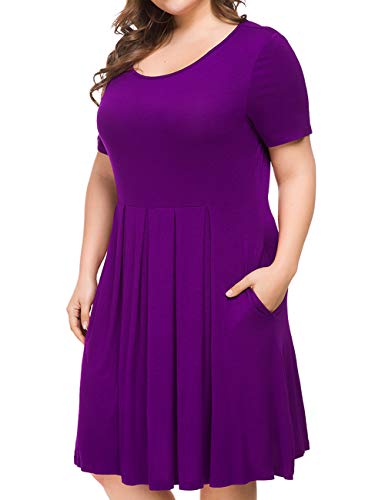Tralilbee Women's Round Neck Summer Casual Plus Size Midi Dress with Pocket Purple XL - Image 4