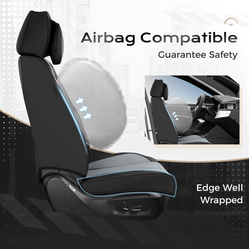 Coverado Seat Covers, Car Seat Covers Front Seats, Car Seat Cover, Car Seat Protector Waterproof, Seat Cushion Nappa Leather with Head Pillow, Carseat Cover Universal Fit for Most Cars (Black&Gray) - Image 5