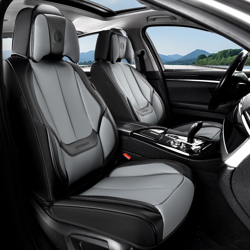 Coverado Seat Covers, Car Seat Covers Front Seats, Car Seat Cover, Car Seat Protector Waterproof, Seat Cushion Nappa Leather with Head Pillow, Carseat Cover Universal Fit for Most Cars (Black&Gray) - Image 1