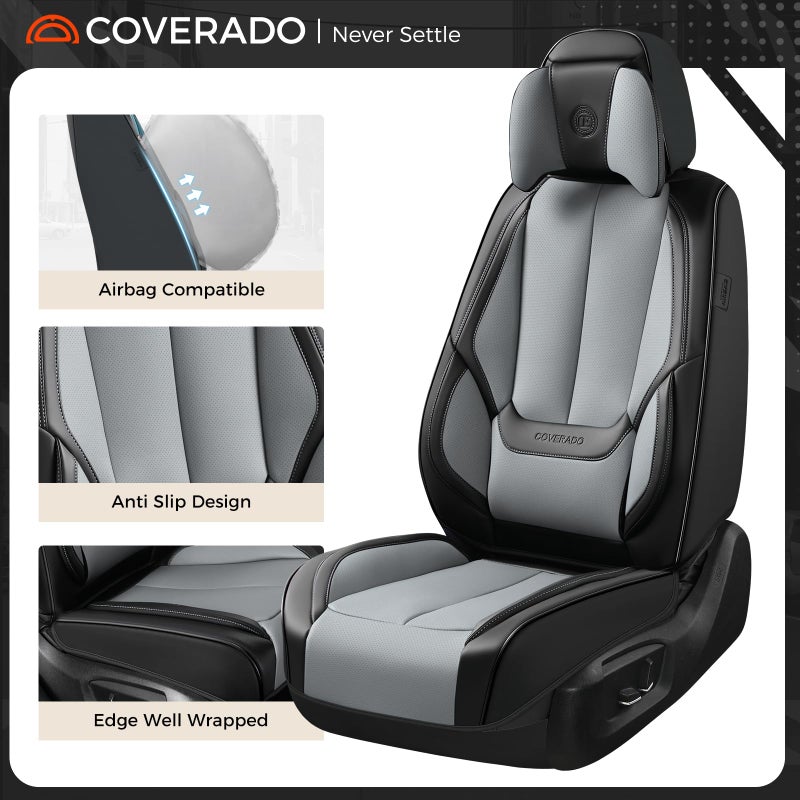Coverado Seat Covers, Car Seat Covers Front Seats, Car Seat Cover, Car Seat Protector Waterproof, Seat Cushion Nappa Leather with Head Pillow, Carseat Cover Universal Fit for Most Cars (Black&Gray) - Image 3