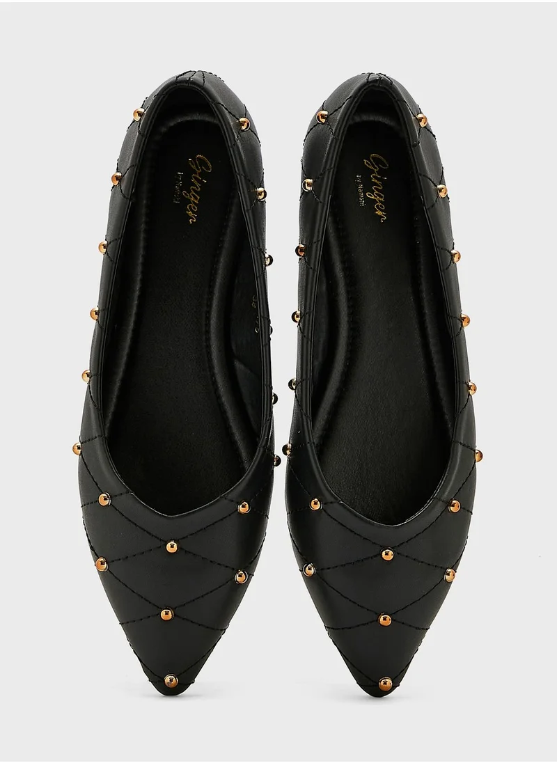Ginger Quilted Stud Pointed Flat Shoes