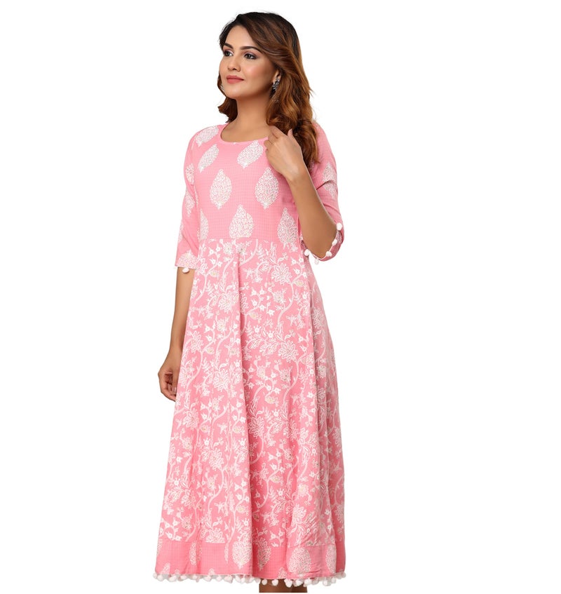 rytras Women's Pure Cotton Printed Anarkali Kurta- Ethnic Wear, Pink(RYT262,S) - Image 3