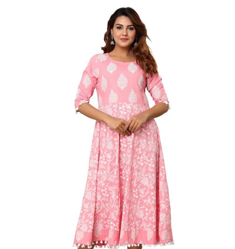rytras Women's Pure Cotton Printed Anarkali Kurta- Ethnic Wear, Pink(RYT262,S) - Image 1