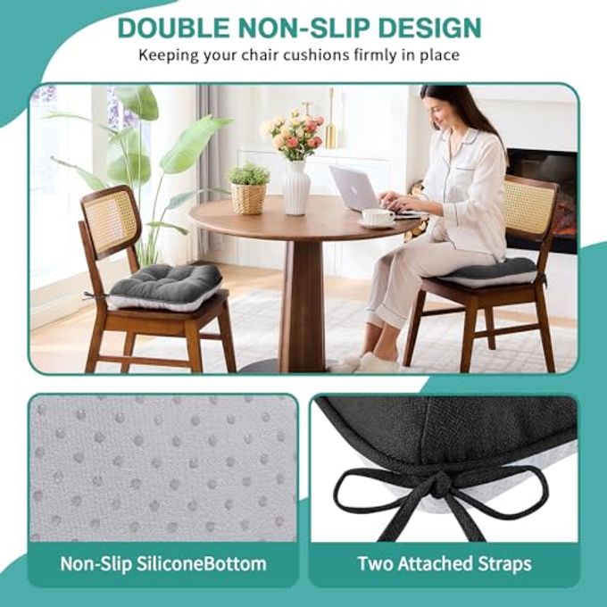 BETU Black Chair Cushions for Dining Chairs Set of 4,3.5" Thick Kitchen Table Chair Pads with Ties,Non Slip Backing and Covers,Seat Cushion for Dining Room,Bar,Patio Chairs,15.5"X15.5"X3.5",Black - Image 2