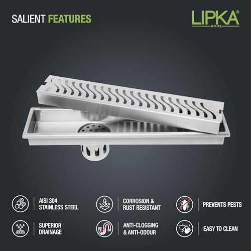 LIPKA Wave 12 × 4 Inches Floor Drainer | 304 Stainless Steel Palo Shower Water Drain Channel/Waste Water Floor Drain | with Stainless Steel Trap and Side Hole | with Collar - Image 3