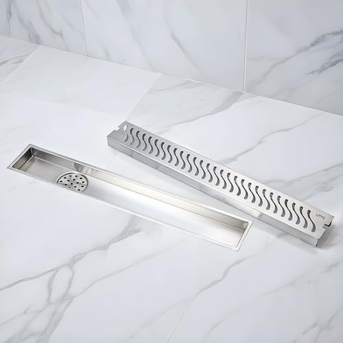 LIPKA Wave 12 × 4 Inches Floor Drainer | 304 Stainless Steel Palo Shower Water Drain Channel/Waste Water Floor Drain | with Stainless Steel Trap and Side Hole | with Collar - Image 1