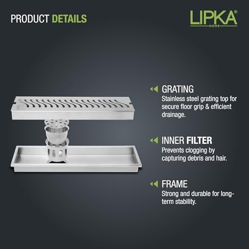 LIPKA Wave 12 × 4 Inches Floor Drainer | 304 Stainless Steel Palo Shower Water Drain Channel/Waste Water Floor Drain | with Stainless Steel Trap and Side Hole | with Collar - Image 4