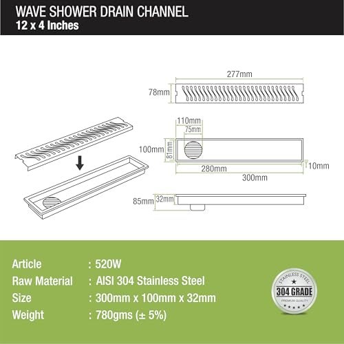 LIPKA Wave 12 × 4 Inches Floor Drainer | 304 Stainless Steel Palo Shower Water Drain Channel/Waste Water Floor Drain | with Stainless Steel Trap and Side Hole | with Collar - Image 2
