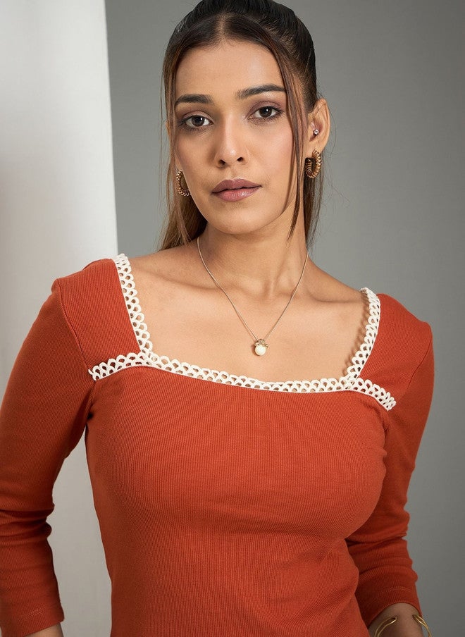 WineRed Wine Red Women Square Neck Contrast Trim Long Sleeve Ribbed Top - Image 5