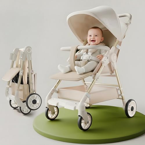 StarAndDaisy Baby Stroller for 0-3 years Newborn & Toddler / Travel Pram for Baby with foldable 360° Swivel Lockable Front Wheels, Multi-Level Recline & Adjustable Footrest , Removable Tray , Safety Harness Belt -Beige - Image 1