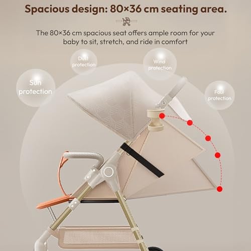 StarAndDaisy Baby Stroller for 0-3 years Newborn & Toddler / Travel Pram for Baby with foldable 360° Swivel Lockable Front Wheels, Multi-Level Recline & Adjustable Footrest , Removable Tray , Safety Harness Belt -Beige - Image 3